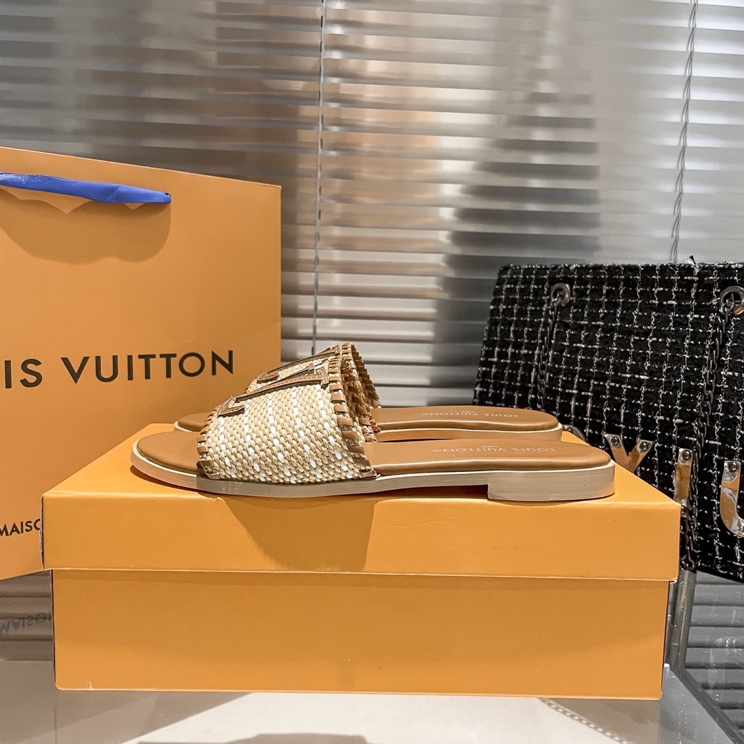 Louis Vuitton Lock It Flat Raffia Mules Brown