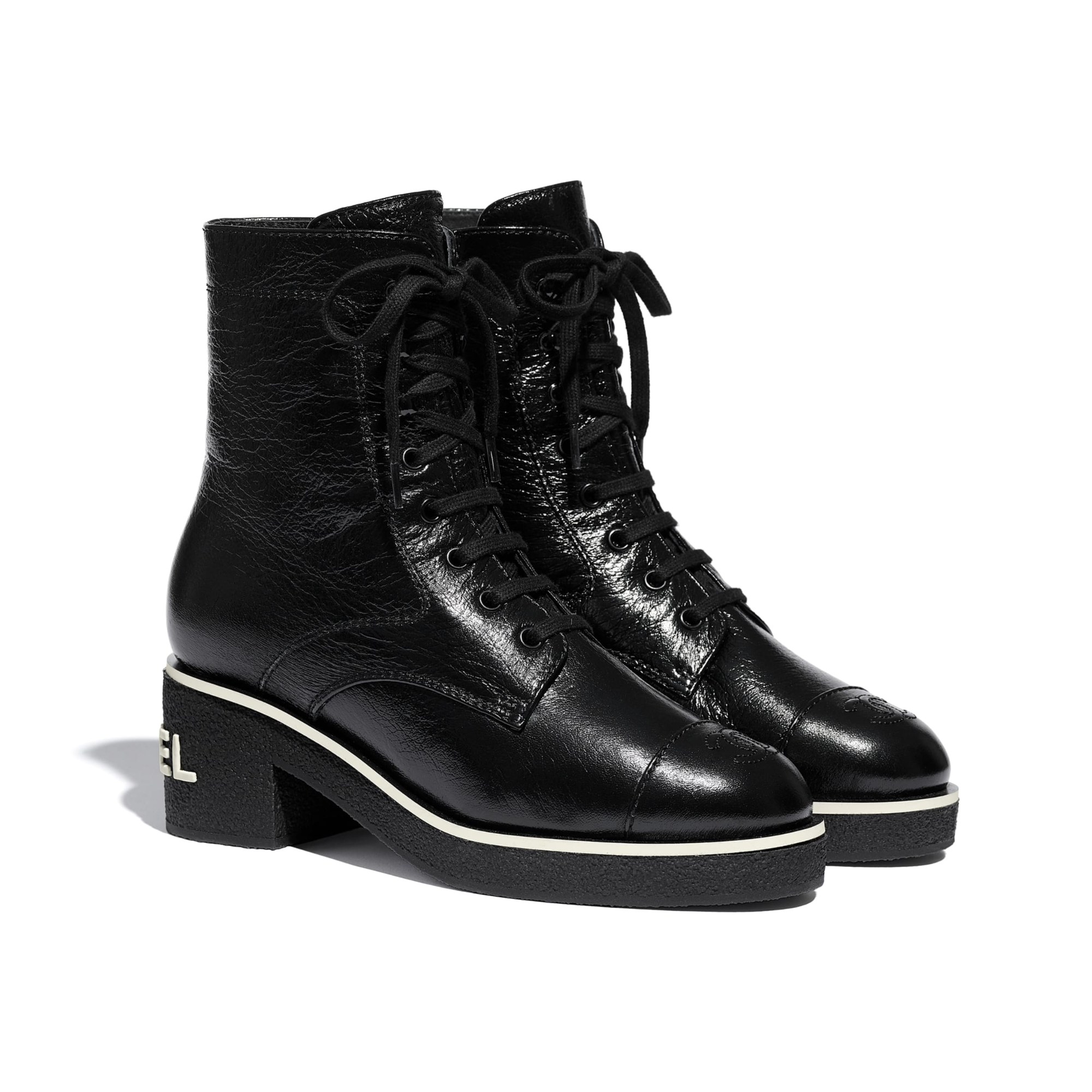 Chanel White Logo Crinkled Leather Combat Boots For Women