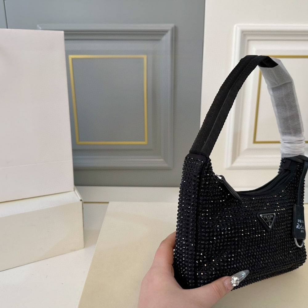 Prada Re Edition Satin Mini Bag With Crystals Black 21Cm