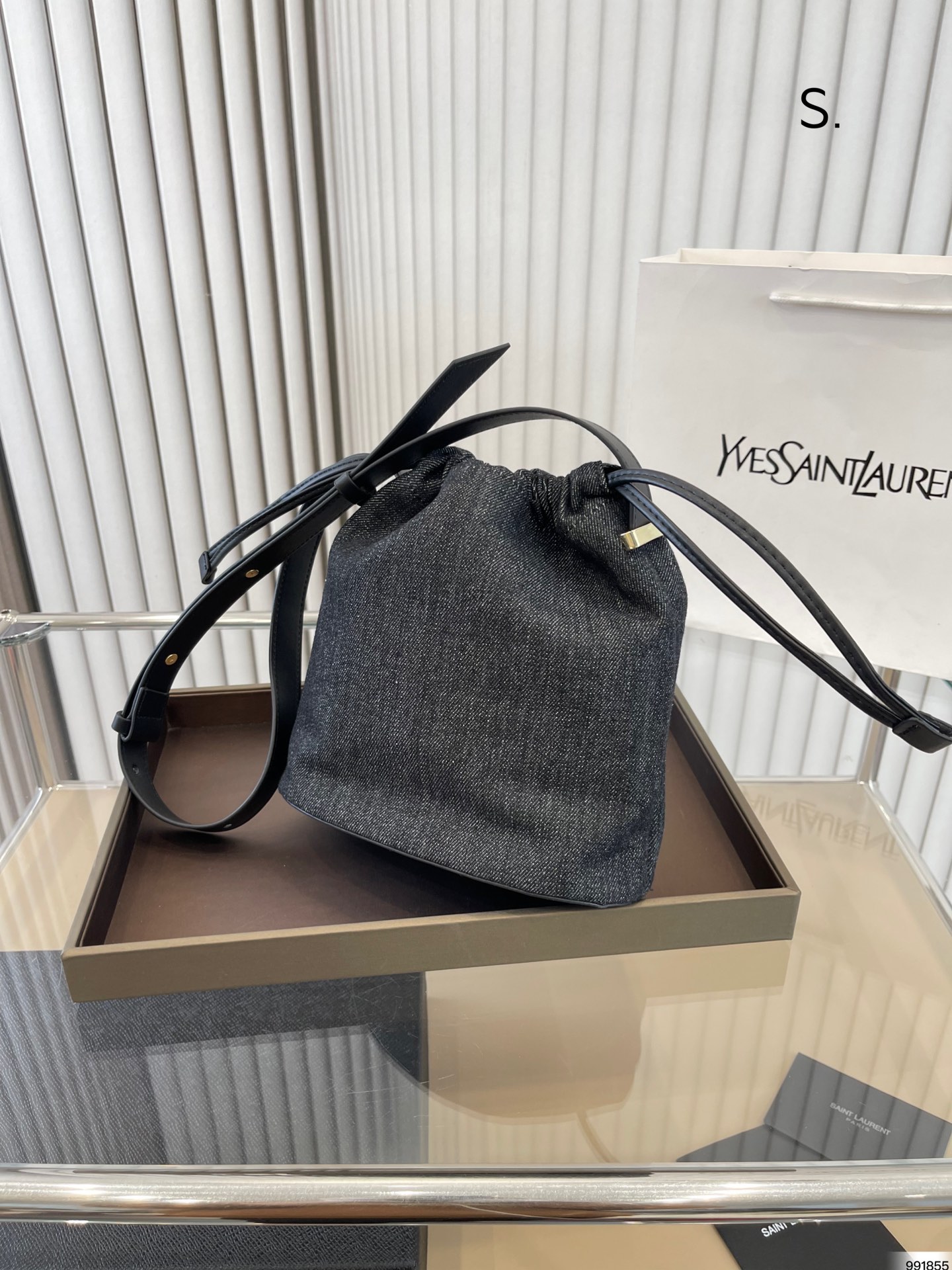 Saint Laurent Rive Gauche Laced Bucket Bag In Embroidered Felt And Smooth Leather Denim Black