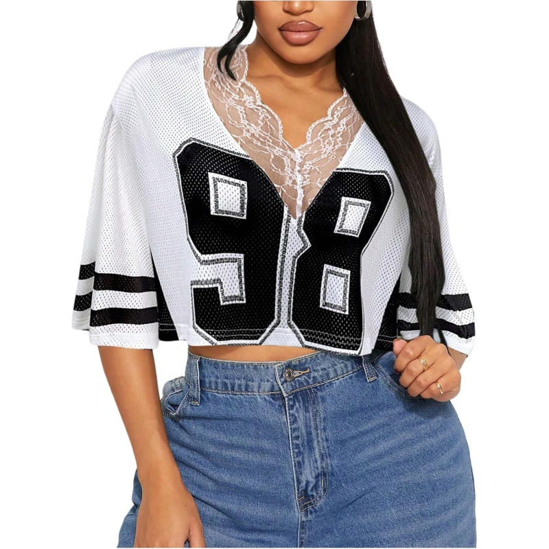 Women's Number Graphic Tees Lace V Neck