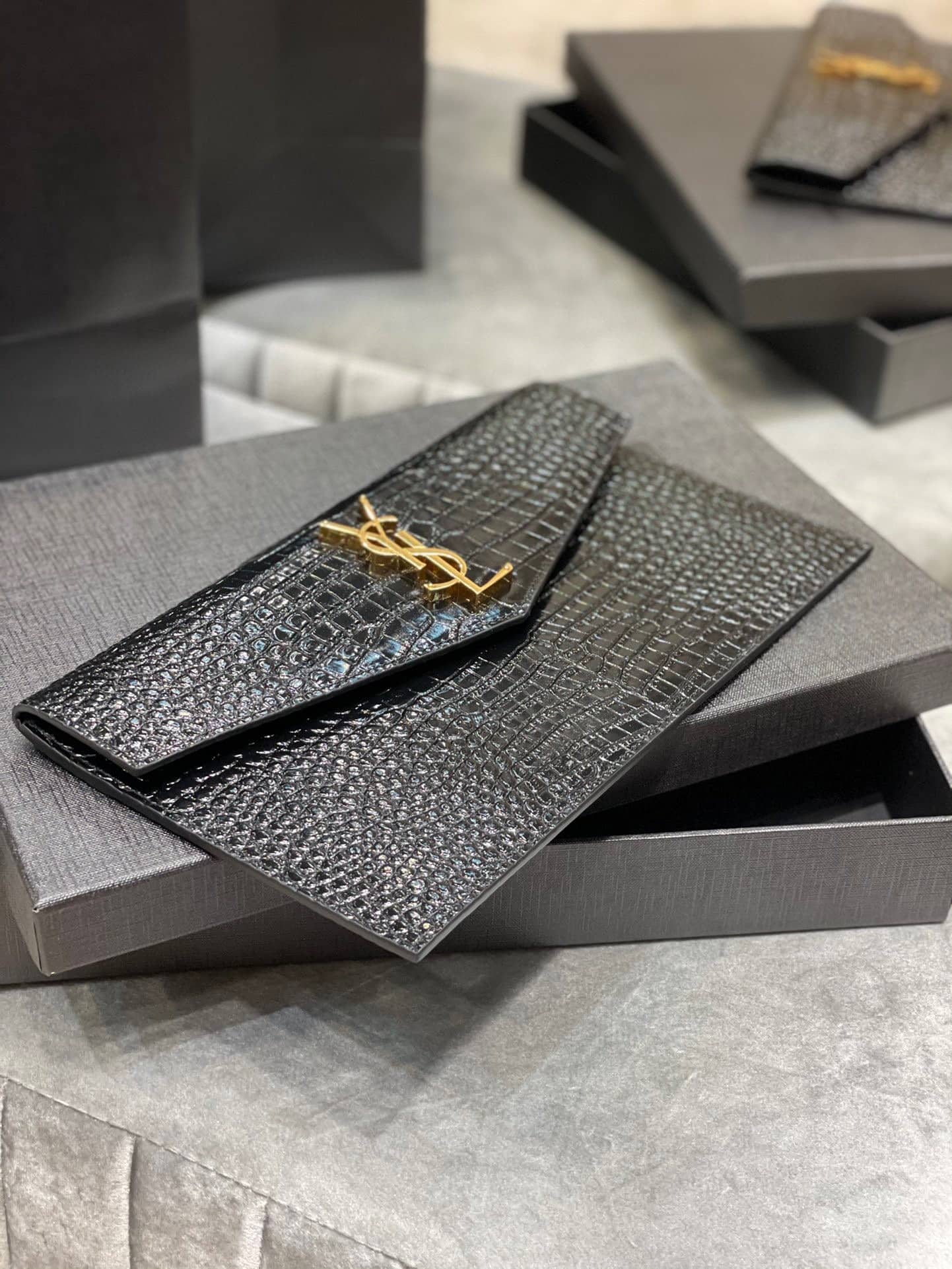 Saint Laurent Uptown Pouch In Crocodile Embossed Shiny Leather