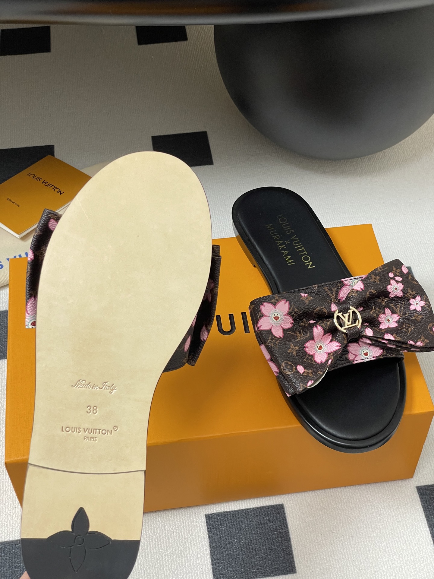 Louis Vuitton x Takashi Murakami Lily Flat Mule Bow Slide Sandals Black 1AGVYA