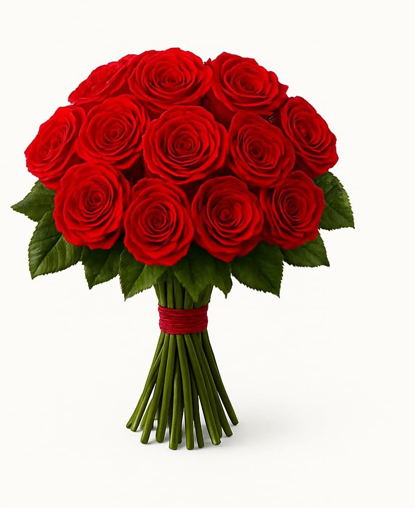 One Dozen Fresh Roses Bouquet, 12 Premium Long-Stem Ecuador Roses, Hand-Tied Floral Arrangement, Fresh Cut Flowers for Valentine’s Day, Anniversaries, Birthdays, Holidays (RED, 60CM/23.62IN)