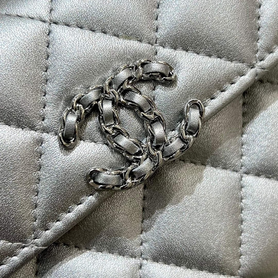 Chanel Lambskin Quilted Chain Top Handle Phone Holder With Chain Silver 18Cm