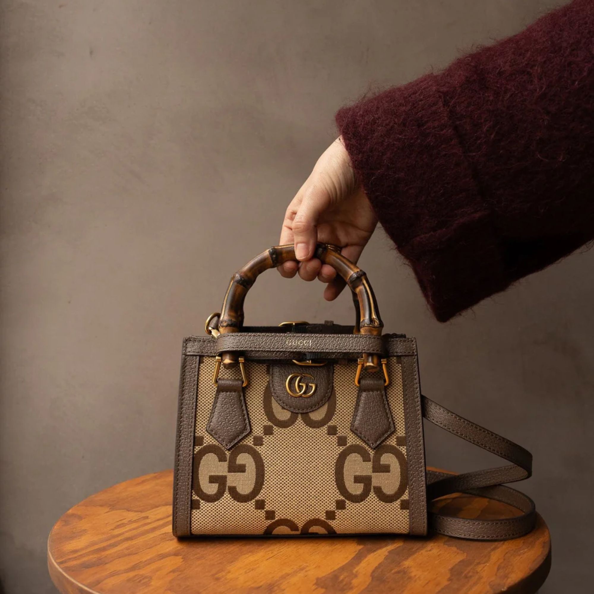 Gucci Diana Jumbo GG Mini Tote Bag Camel Brown Canvas 20cm