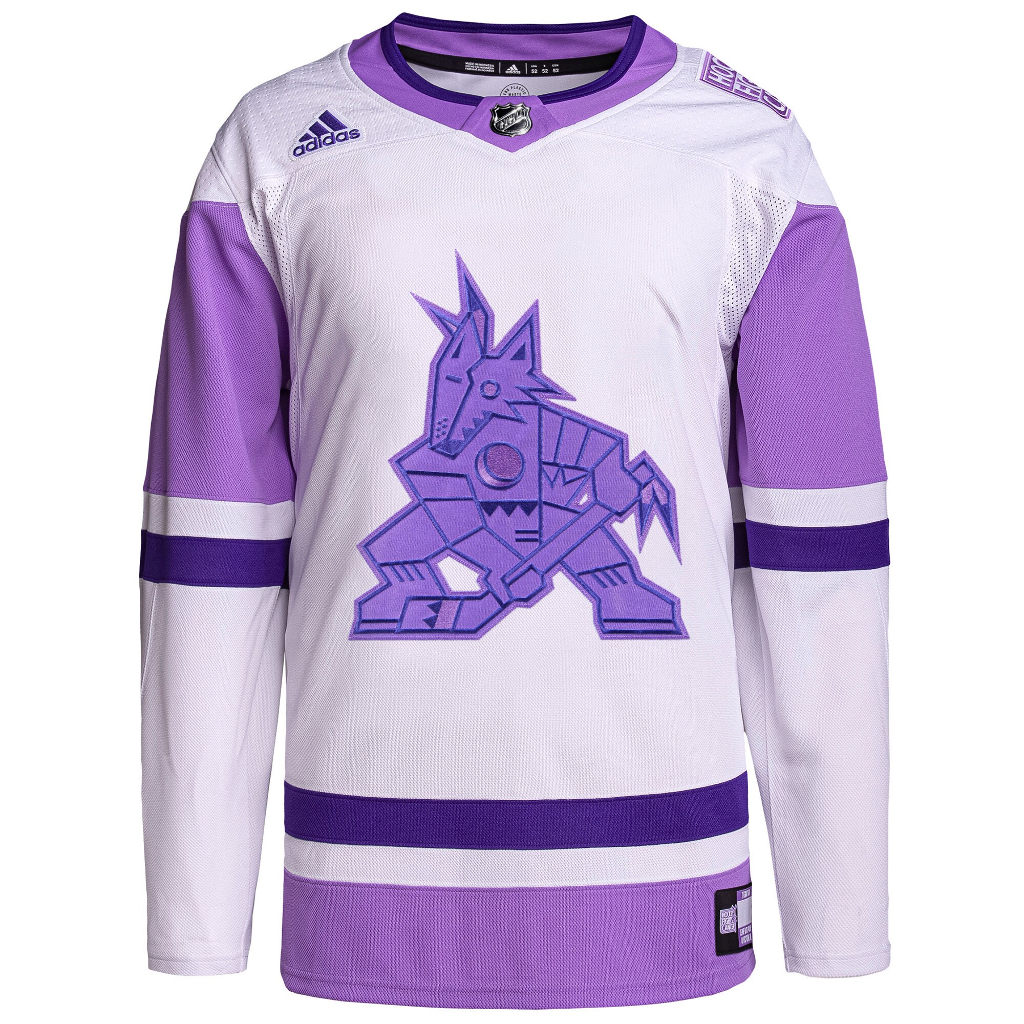 Arizona Coyotes adidas Hockey Fights Cancer Primegreen Authentic Custom Jersey – White/Purple
