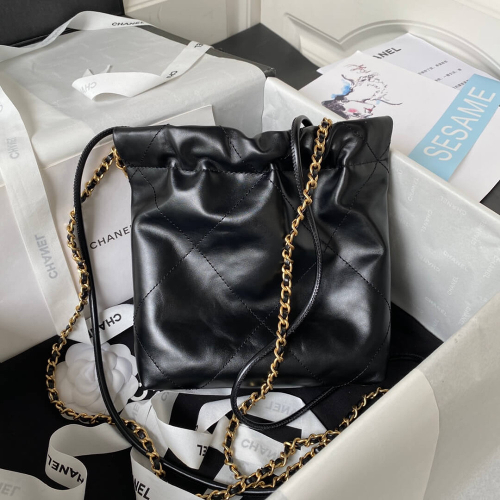 Chanel Mini 22 Handbag Shiny Calfskin & Gold Metal Black 20cm