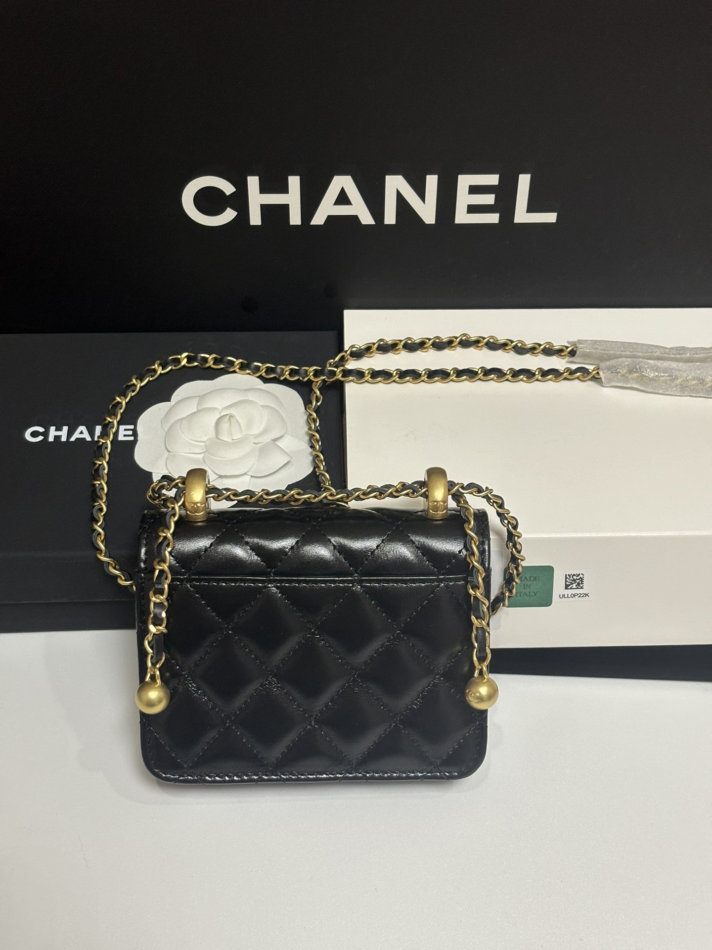 Classic Quilted Lambskin Wallet on Chain with Gold Ball in Black (Gold Hardware)