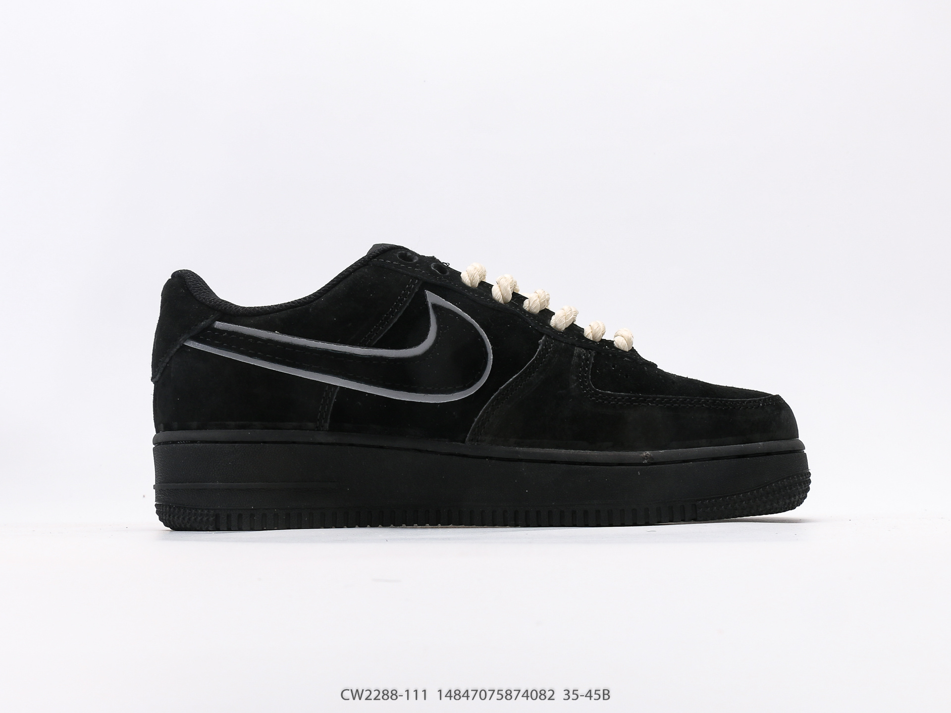 Nike Air Force 1 Low Black Suede Reflective Swoosh Thick Rope Laces