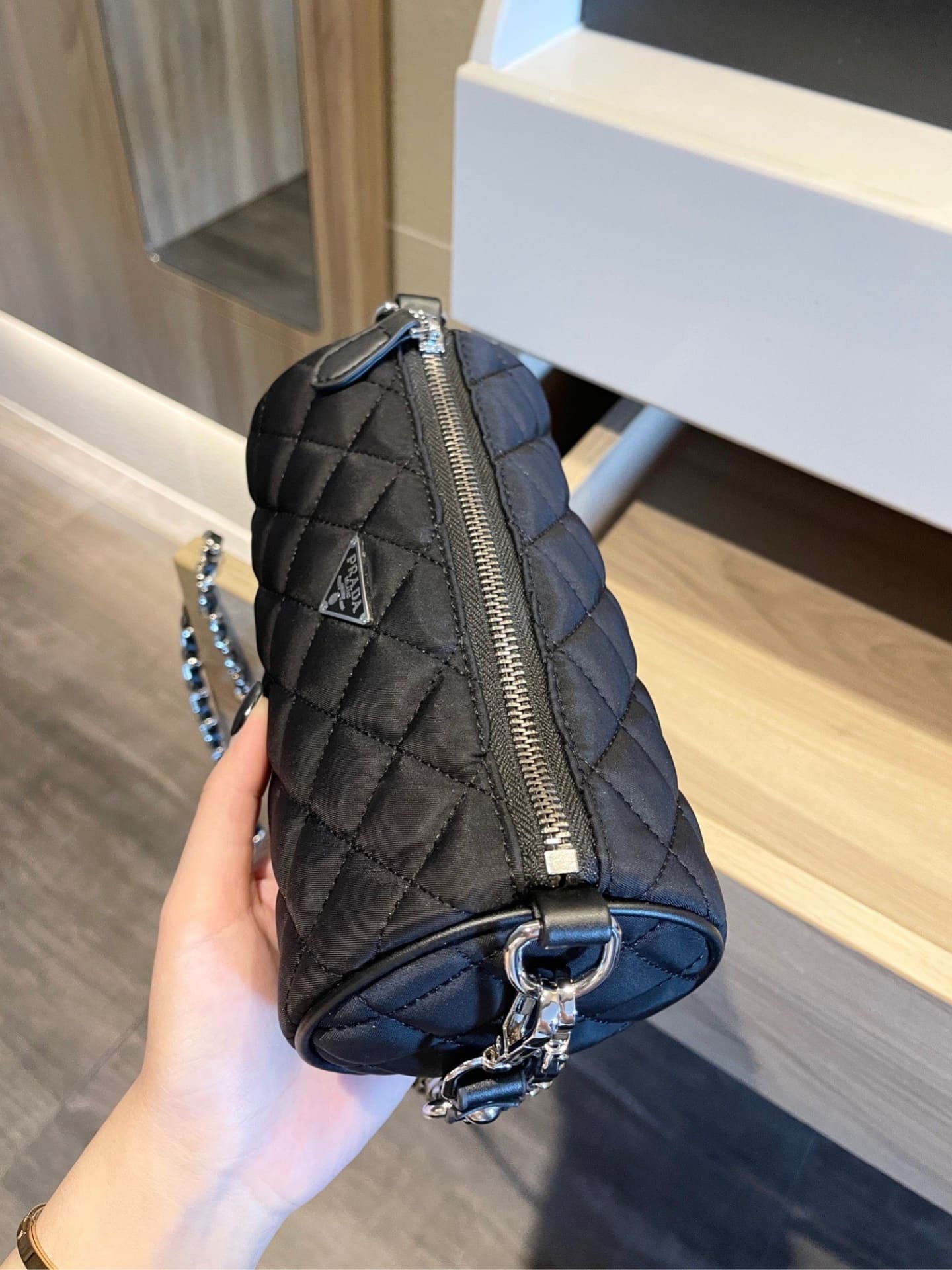 Prada Tessuto Black Quilted Barrel Bag Black 20Cm