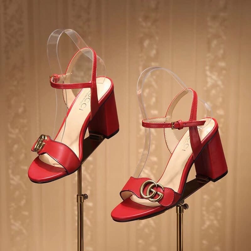 Gucci Leather Mid Heel Sandal Red