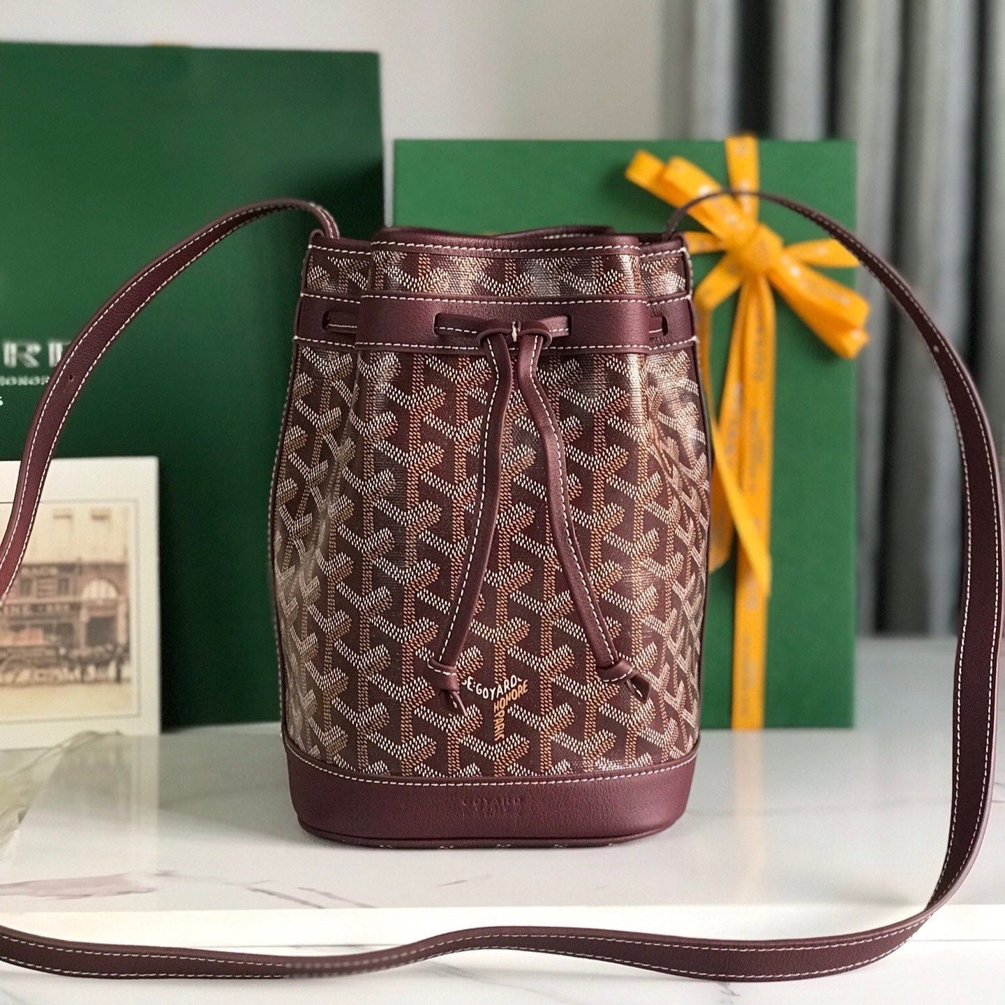 Goyard Petit Flot Bucket Bag 22 Cm Wine Red Goyardine Canvas And Lambskin Trim