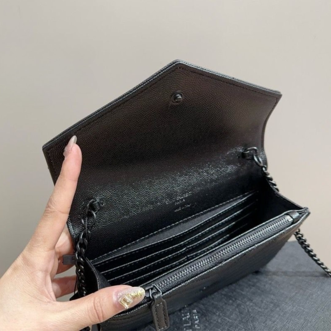 Saint Laurent Cassandre Matelasse Chain Wallet In Grain De Poudre Embossed Black Noir 22Cm
