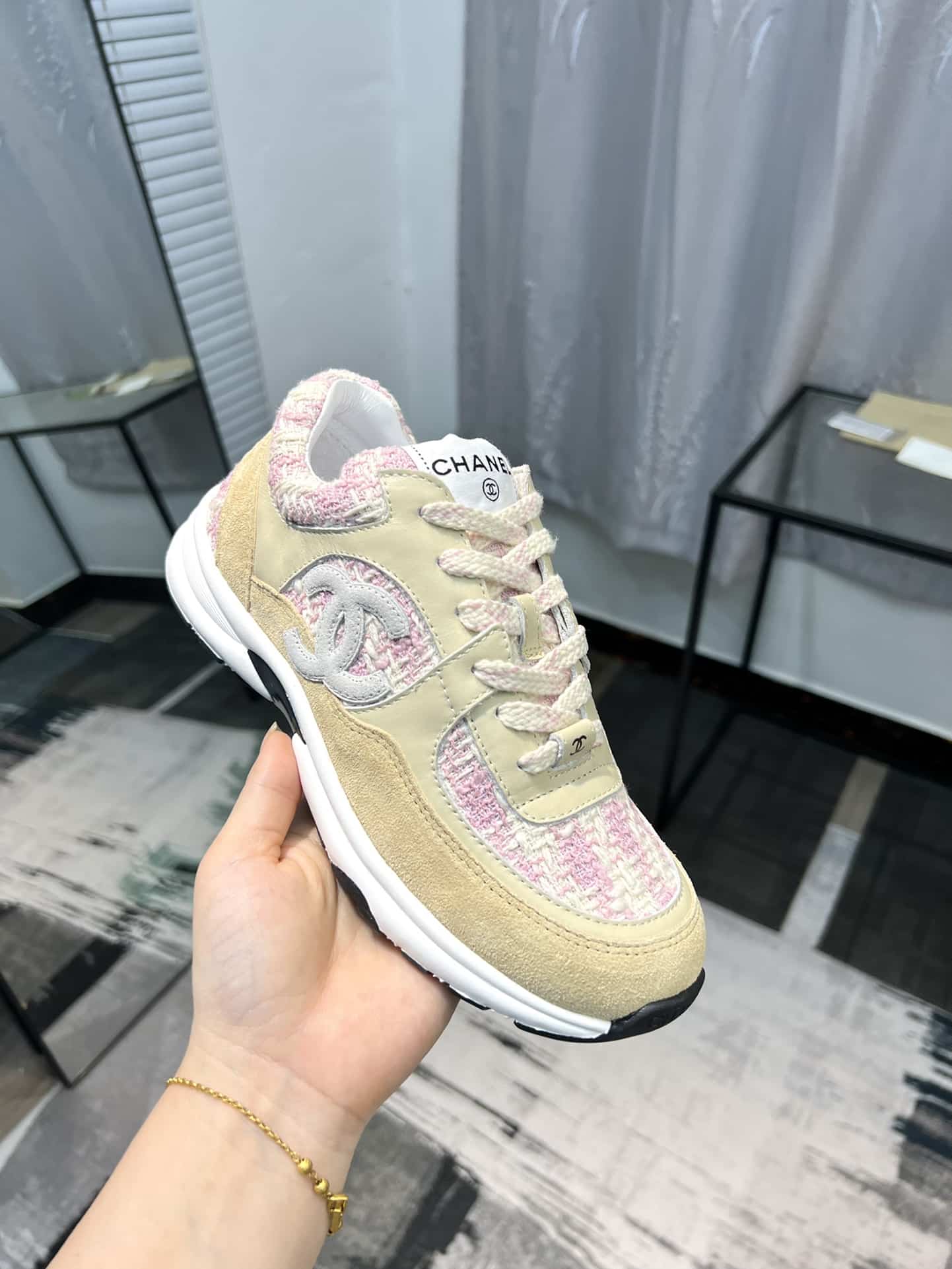 Chanel Coton Tweed Suede Calfskin Sneakers Pink G38299 Y56627 K6020