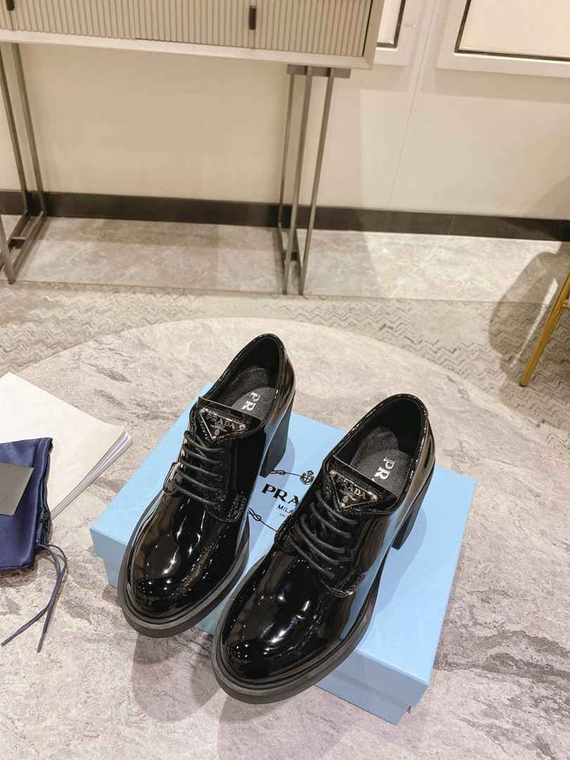 Prada Heeled Brushed Leather Lace-Ups Shiny Black
