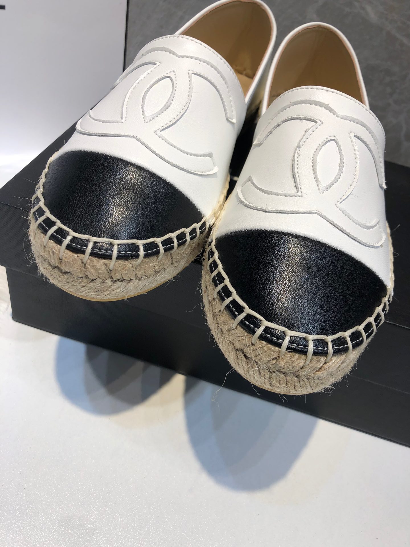Chanel Embroidered Espadrille Leather Black Cap Toe Flats White CC