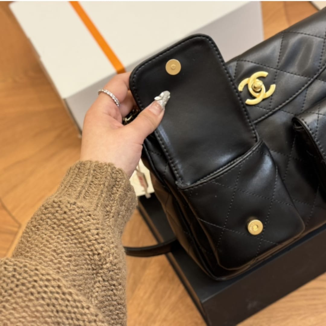 Chanel Hobo Bag Glossy Calfskin Black 25Cm/9.8in