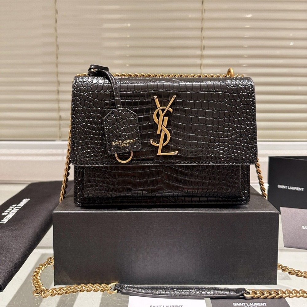 Saint Laurent Sunset Medium In Crocodile Embossed Leather Black 22Cm