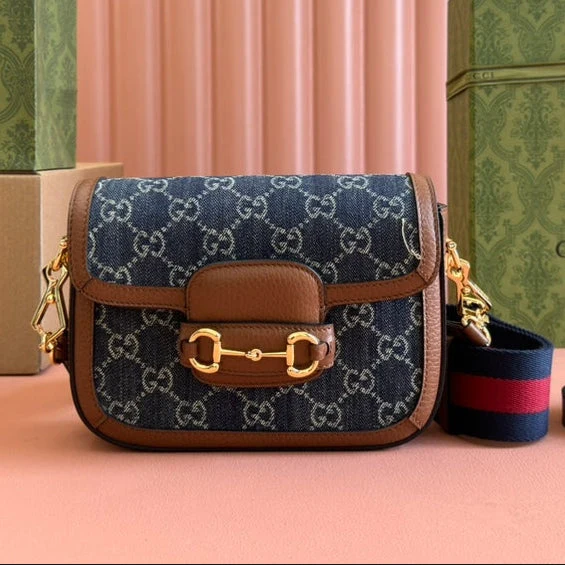 Gucci Horsebit Bag 20cm Blue mix Brown Leather Canvas 244253