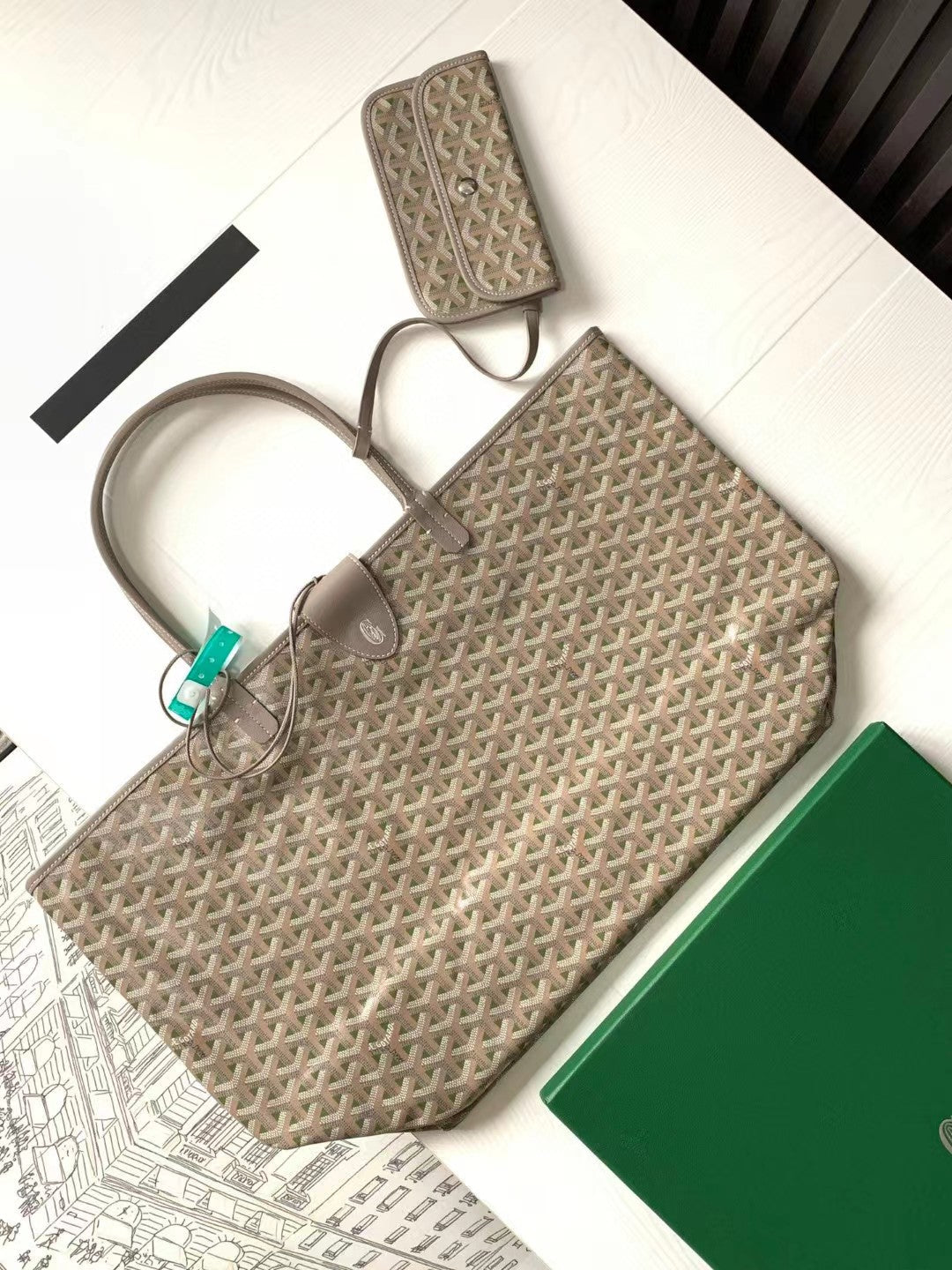 Goyard St Louis Pm 48Cm Greige And Green Tote Bag