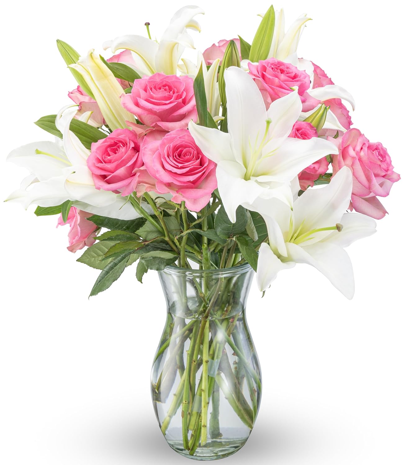 Benchmark Bouquets - Oriental Lily Flower & Pink Roses Bouquet - Fresh Flowers for Delivery - Real Flowers in a Vase - Romantic Gift Set - Easter Gifts (Glass Vase Included)