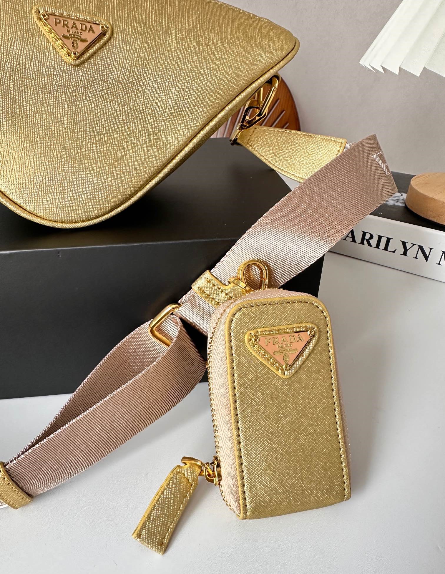 Prada Triangle Saffiano Leather Shoulder Bag Gold 28Cm