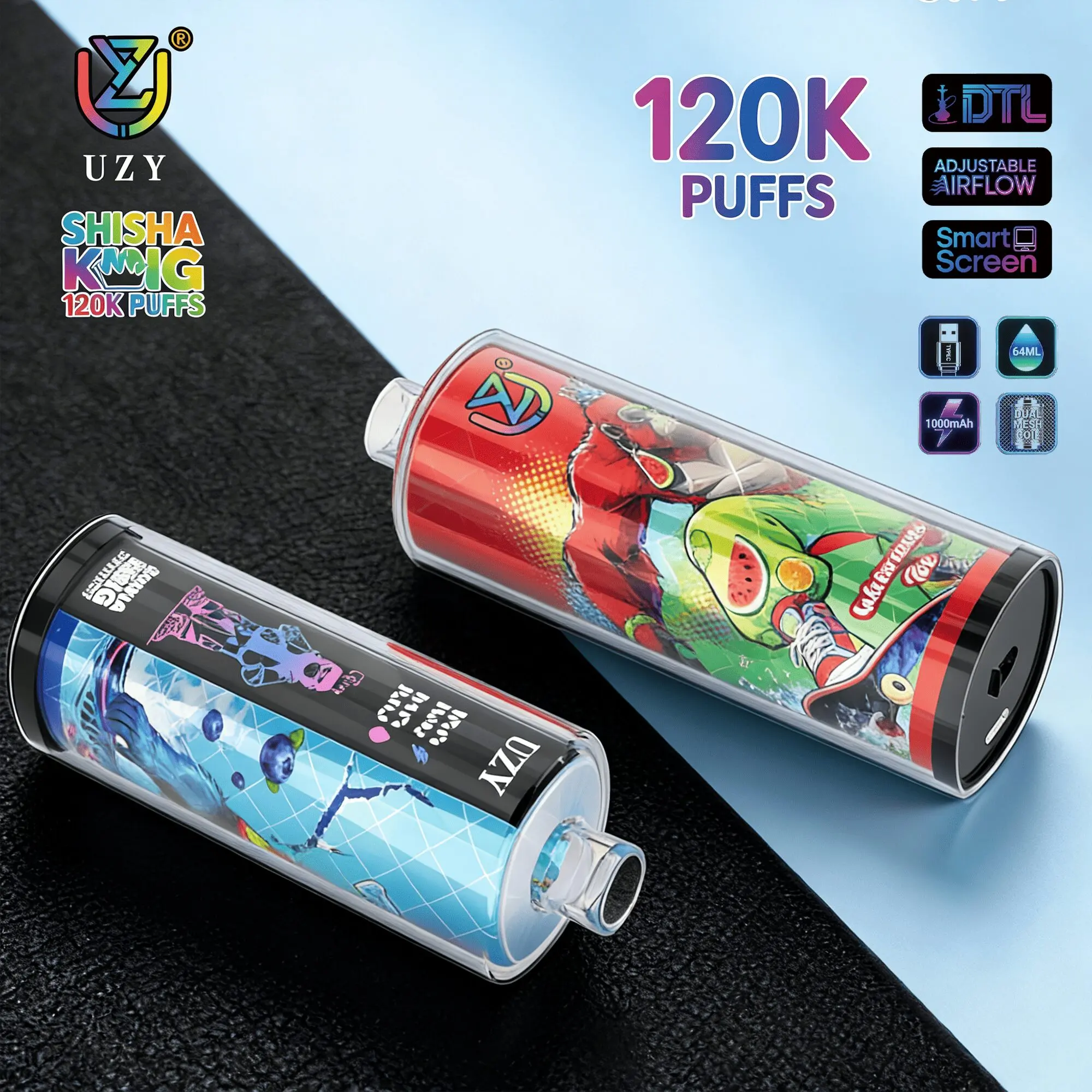 UZY Shisha Hookah King 120000 120K Puffs Smart Screen Original LED Display Disposable DTL Vape Pen