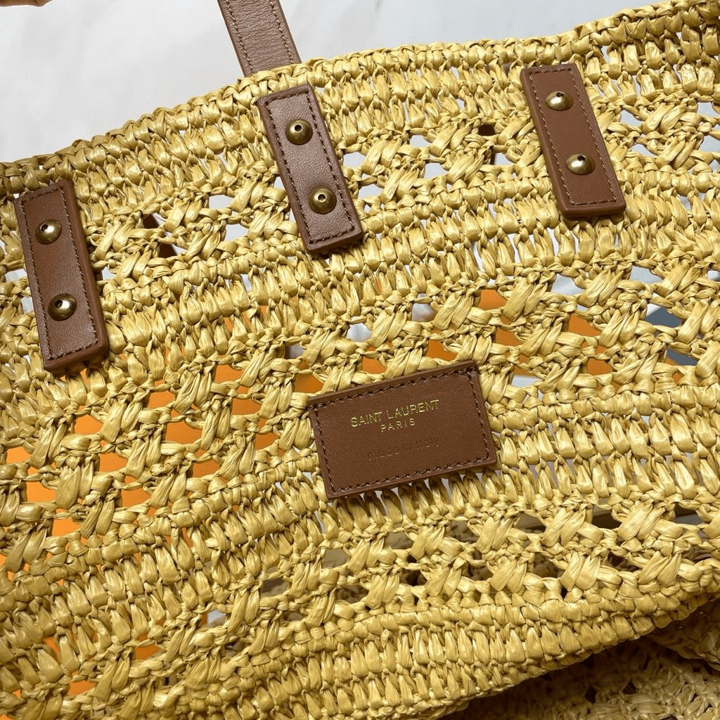 Saint Laurent Panier Medium Bag in Crochet Raffia and Smooth Leather 42cm