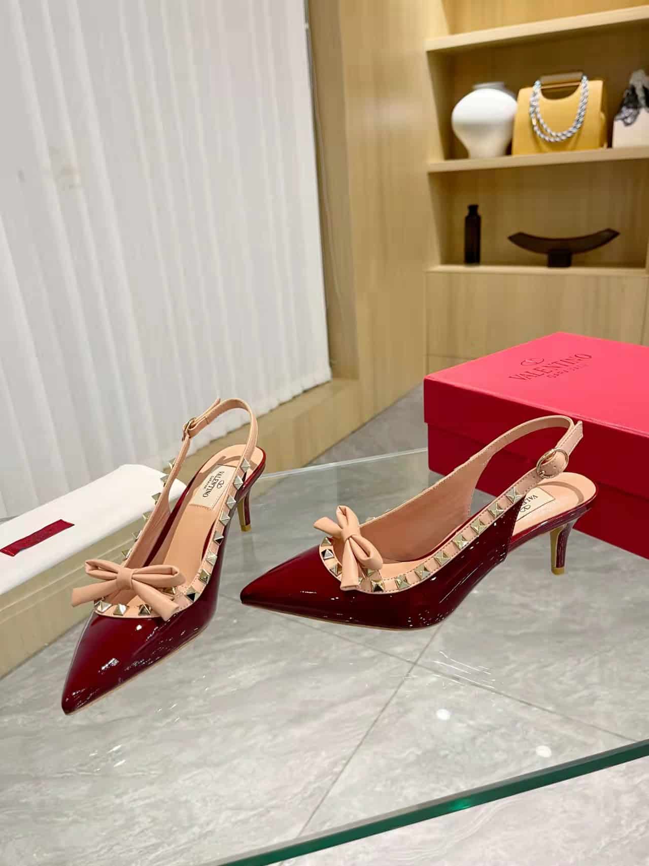 Valentino Rockstud Bow Slingback Pump In Patent Leather With Matching Studs Red