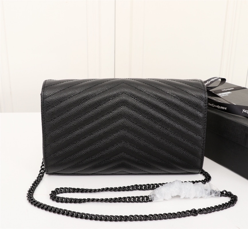 Saint Laurent Cassandre Matelassé Chain Wallet In Grain De Poudre Embossed Black Noir 22Cm 377828Bow081000
