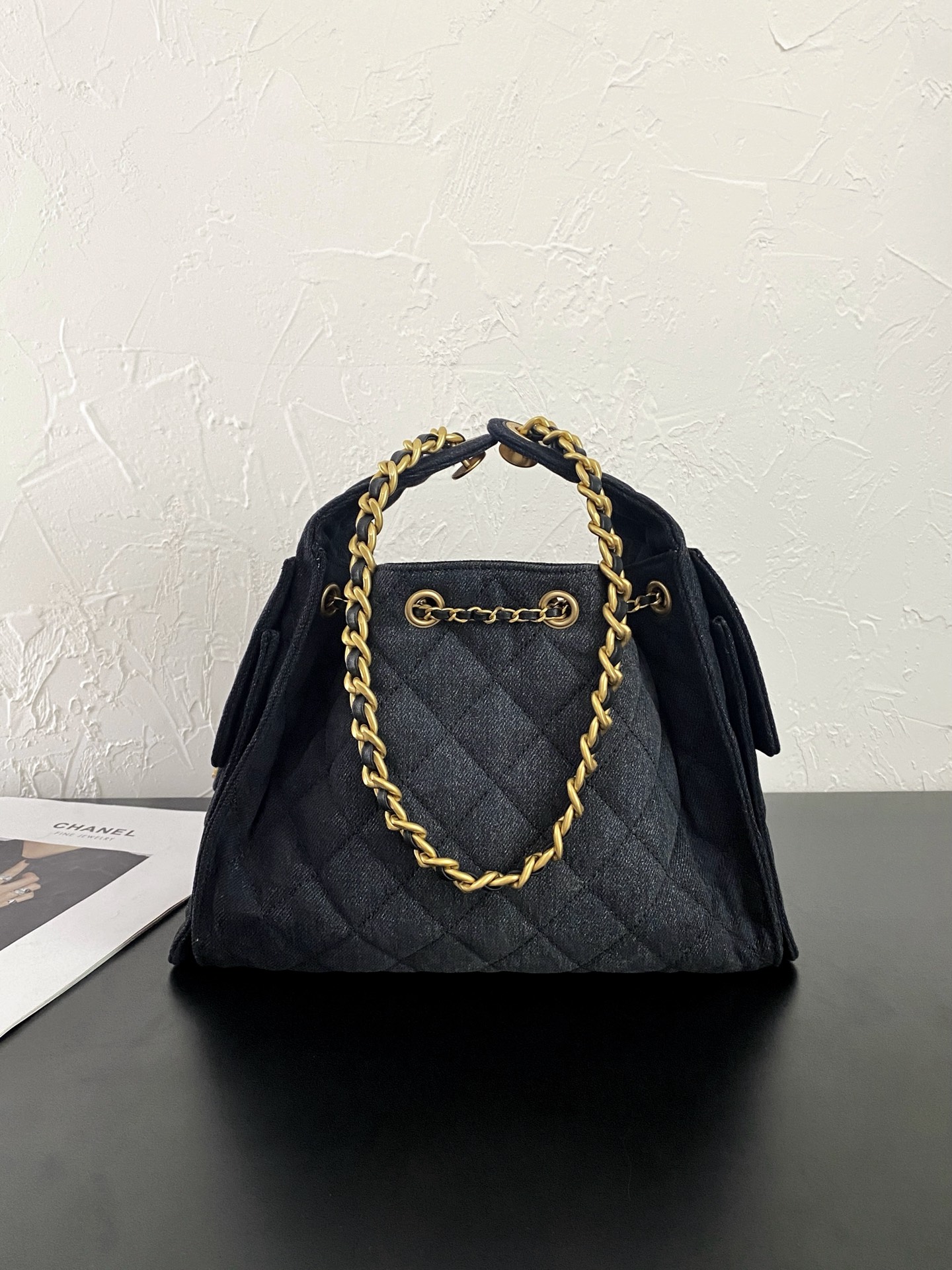 25K Quilted Denim Bucket Bag with Gold-Tone Hardware