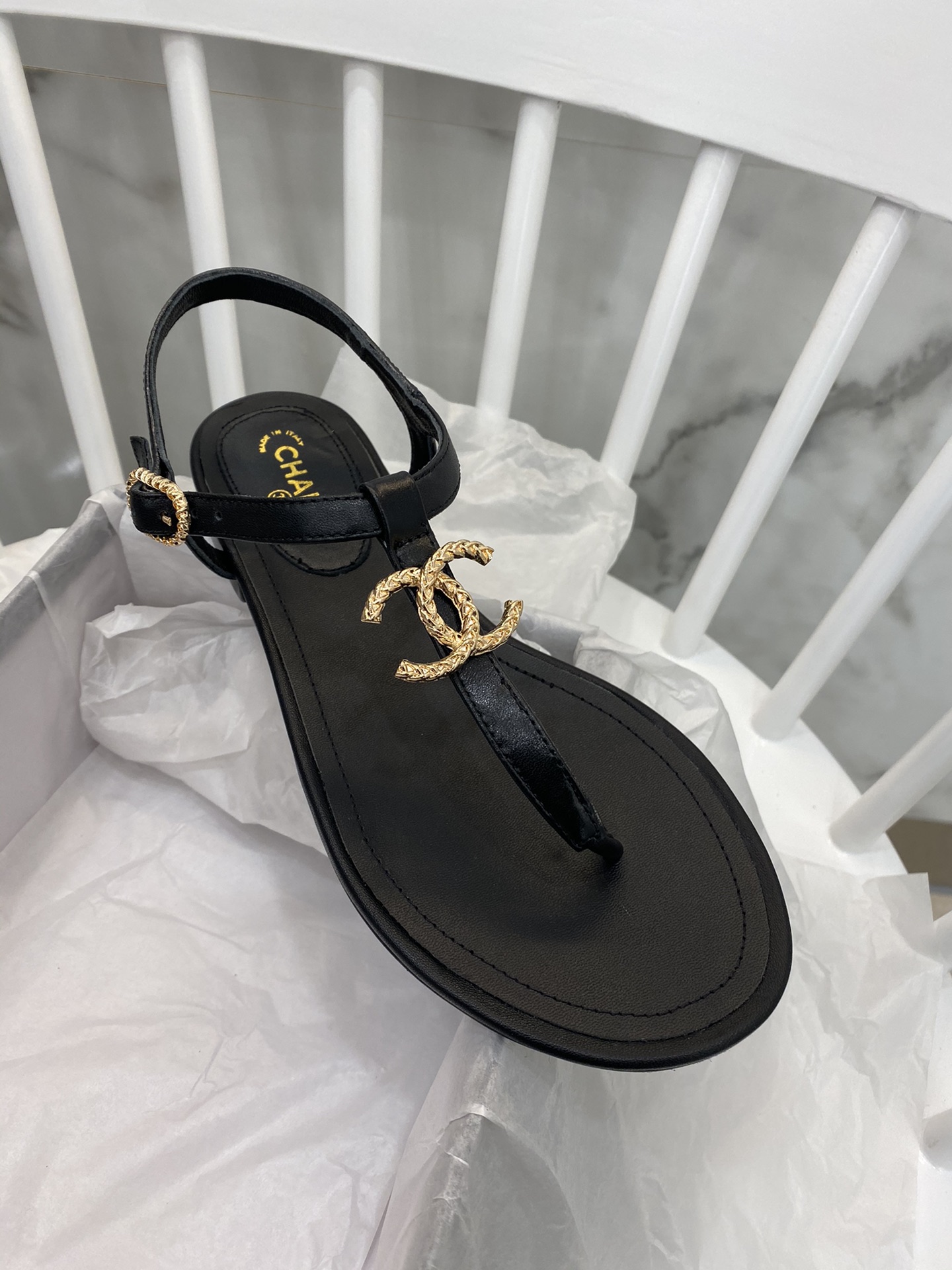 Chanel Gold CC Logo Thong Sandals Black
