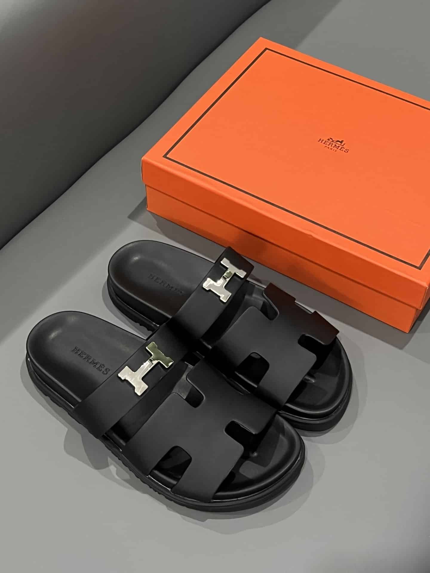 Hermes Chypre Sandal H Logo Silver Hardware Black