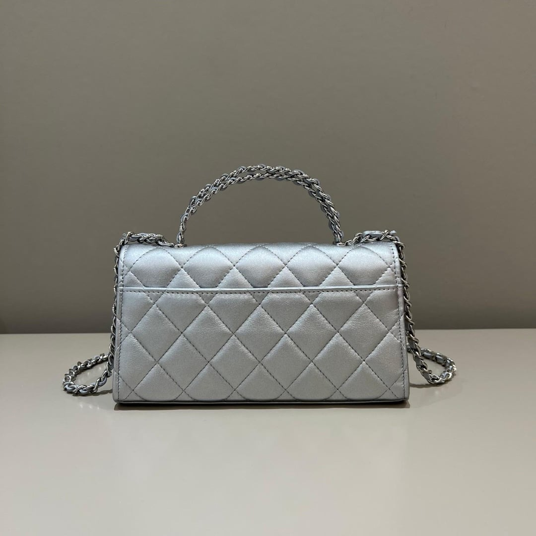 Chanel Lambskin Quilted Chain Top Handle Phone Holder With Chain Silver 18Cm