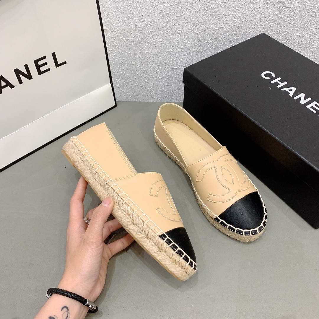 Chanel Cc Espadrilles Slip On Sheepskin Beige Black G29762 X01000 C0204