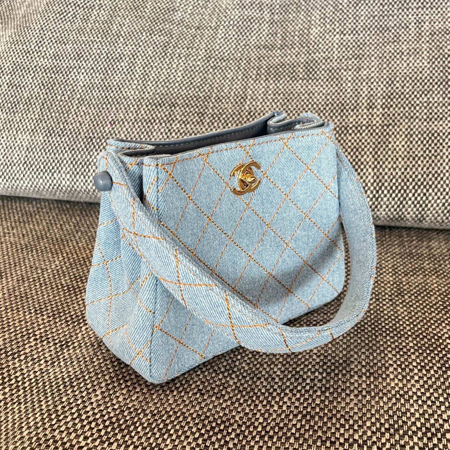 Vintage Light Blue Denim Quilted Mini Kelly Handbag with Gold-Tone CC Turn-Lock