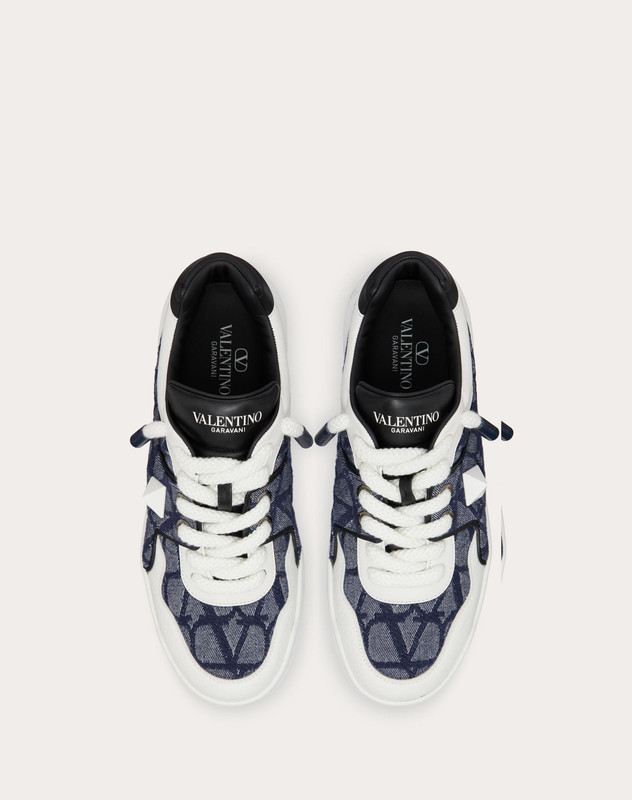 VALENTINO ONE STUD XL LOW-TOP SNEAKER IN DENIM-EFFECT TOILE ICONOGRAPHE JACQUARD FABRIC