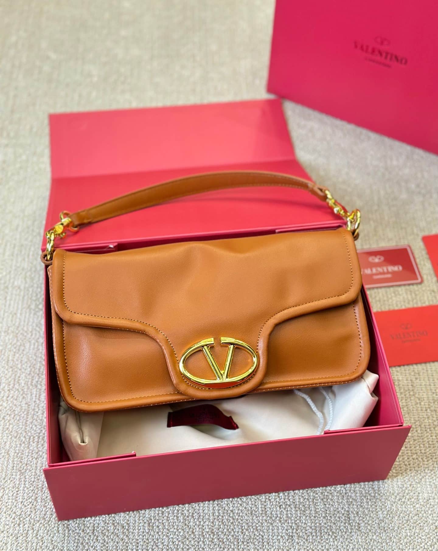 Valentino Garavani VLogo 1960 Nappa Leather Shoulder Bag Brown 28Cm