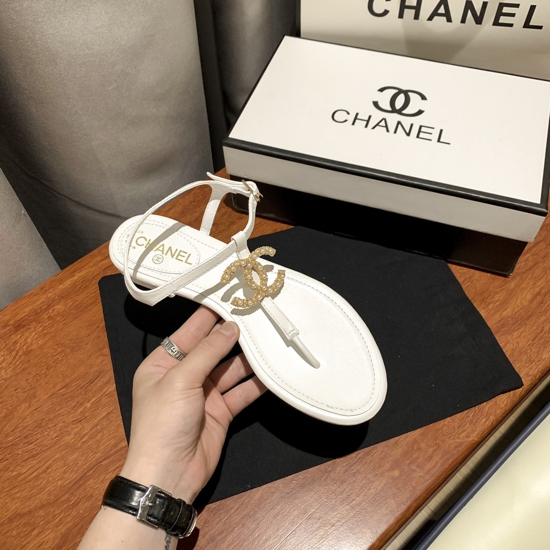 Chanel Gold Pearl Cc Logo Thong Sandals White