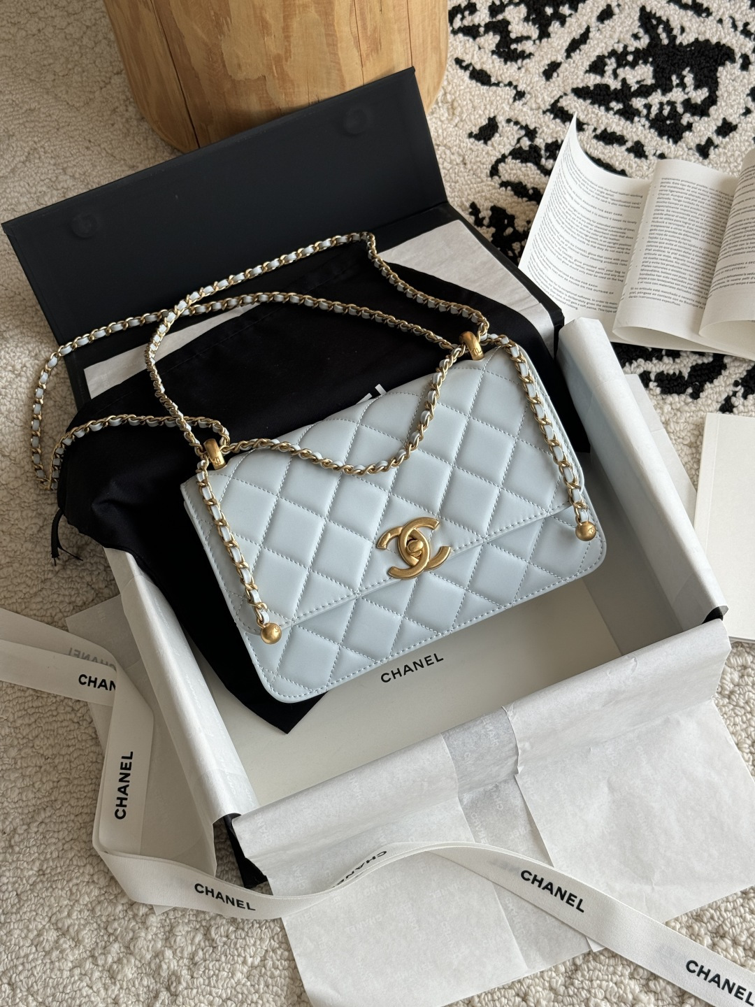 Wallet On Chain (WOC) with Double Gold Balls in Light Blue Quilted Shiny Caviar Leather with Antique Gold-Tone Hardware