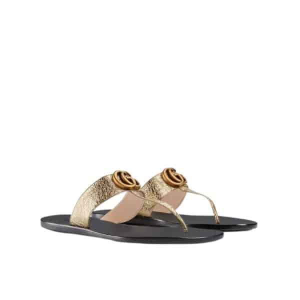 Gucci Double G Thong Leather Metallic Gold ?497444 0B7N0 7100