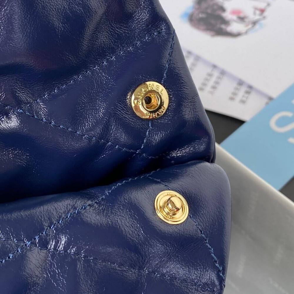 Chanel 22 Small Handbag Shiny Calfskin Blue Gold