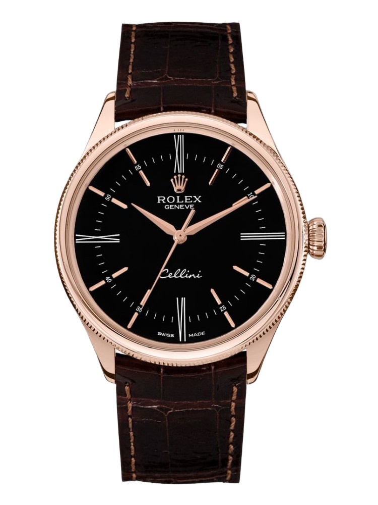 【Super Clone】Rolex Cellini Time 50505 Brown Leather Strap Black Dial 39mm Mens Replica Watch