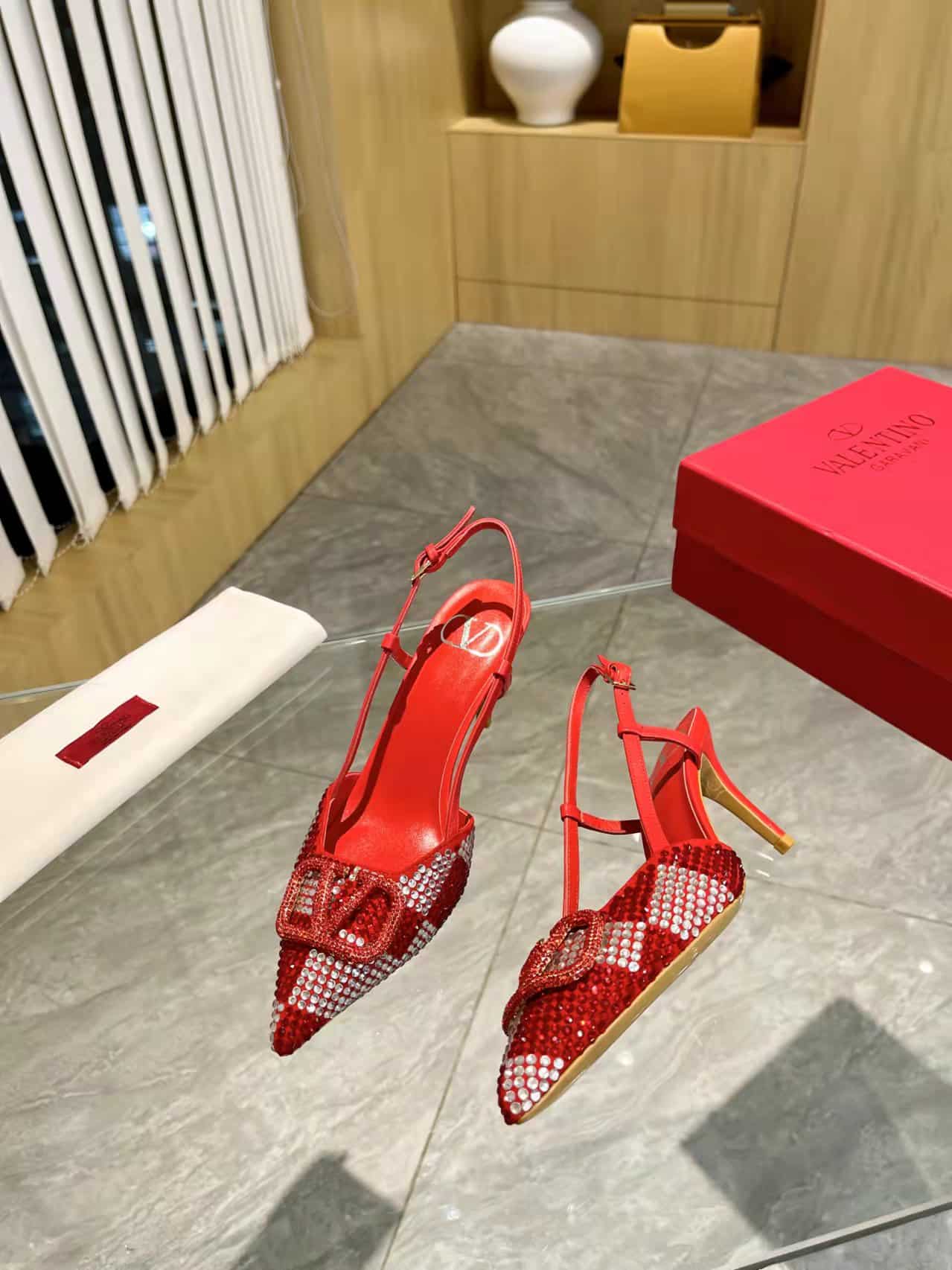 Valentino VLogo Signature Back Strap Crystal High Heels Red