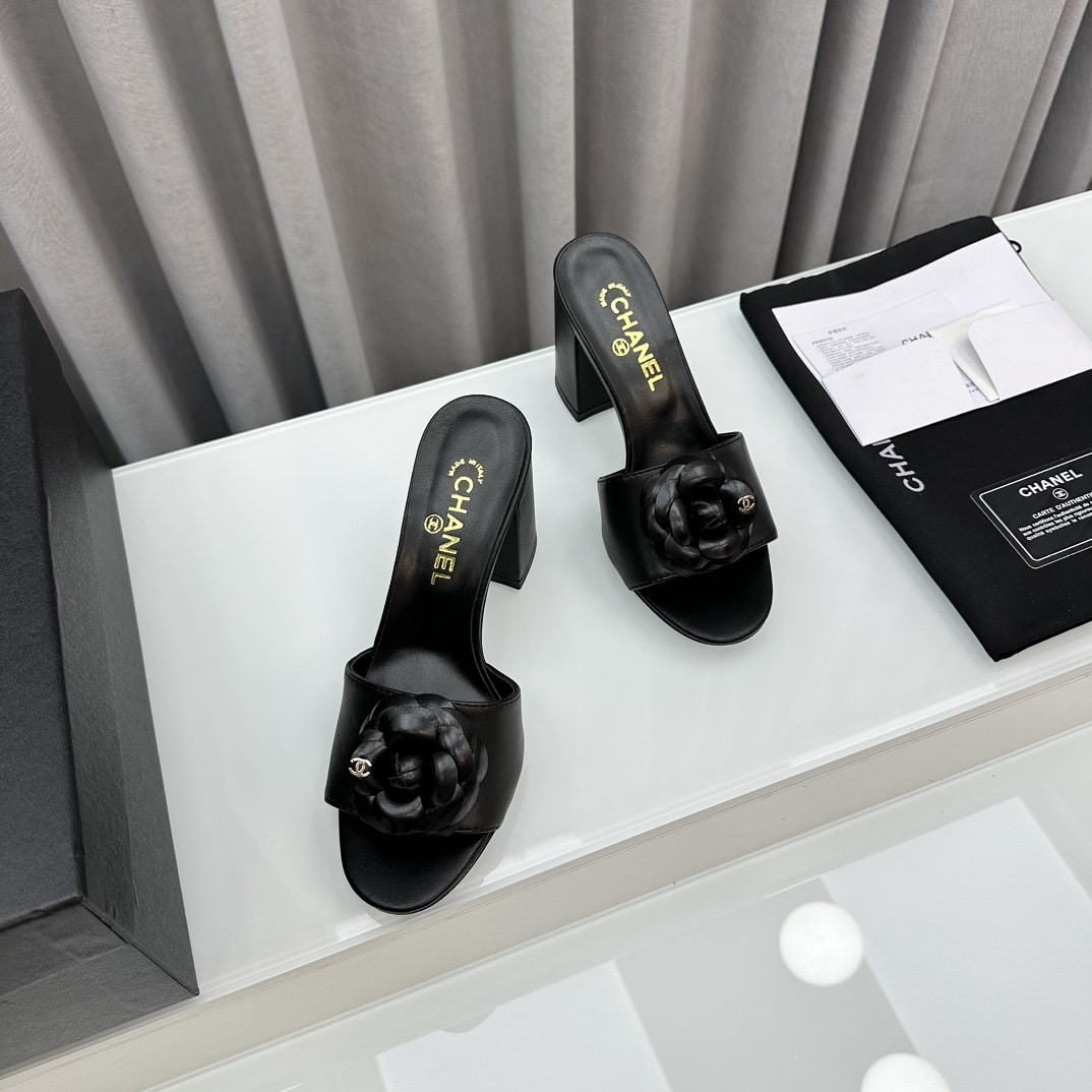 Chanel Camellia Medium Heel Slippers Black