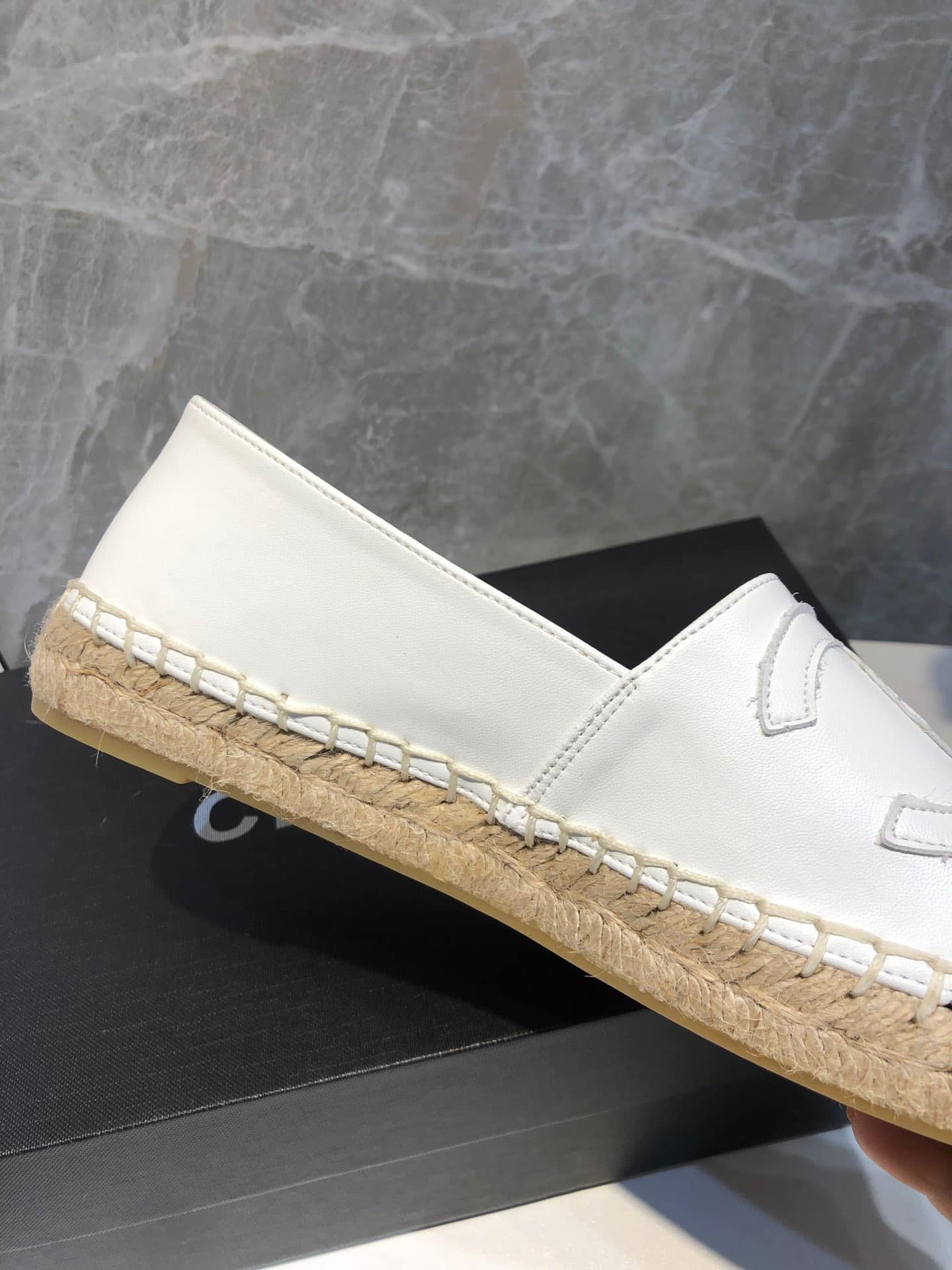 Chanel Embroidered Espadrille Leather Black Cap Toe Flats White Cc