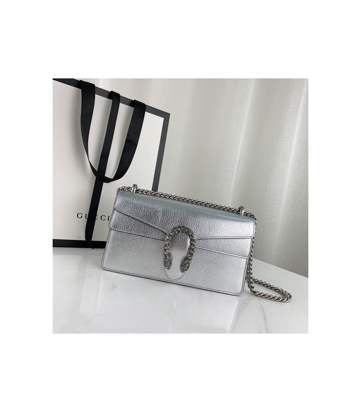 Gucci Dionysus Small Shoulder Bag in Silver Lame Leather