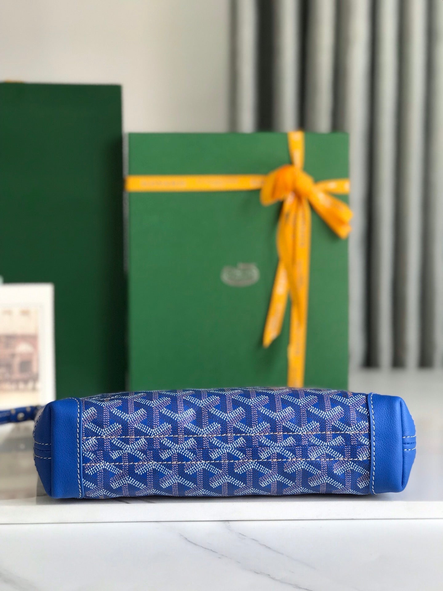Goyard Conti Pouch 24cm Sapphire Blue Lambskin And Goyardine Canvas