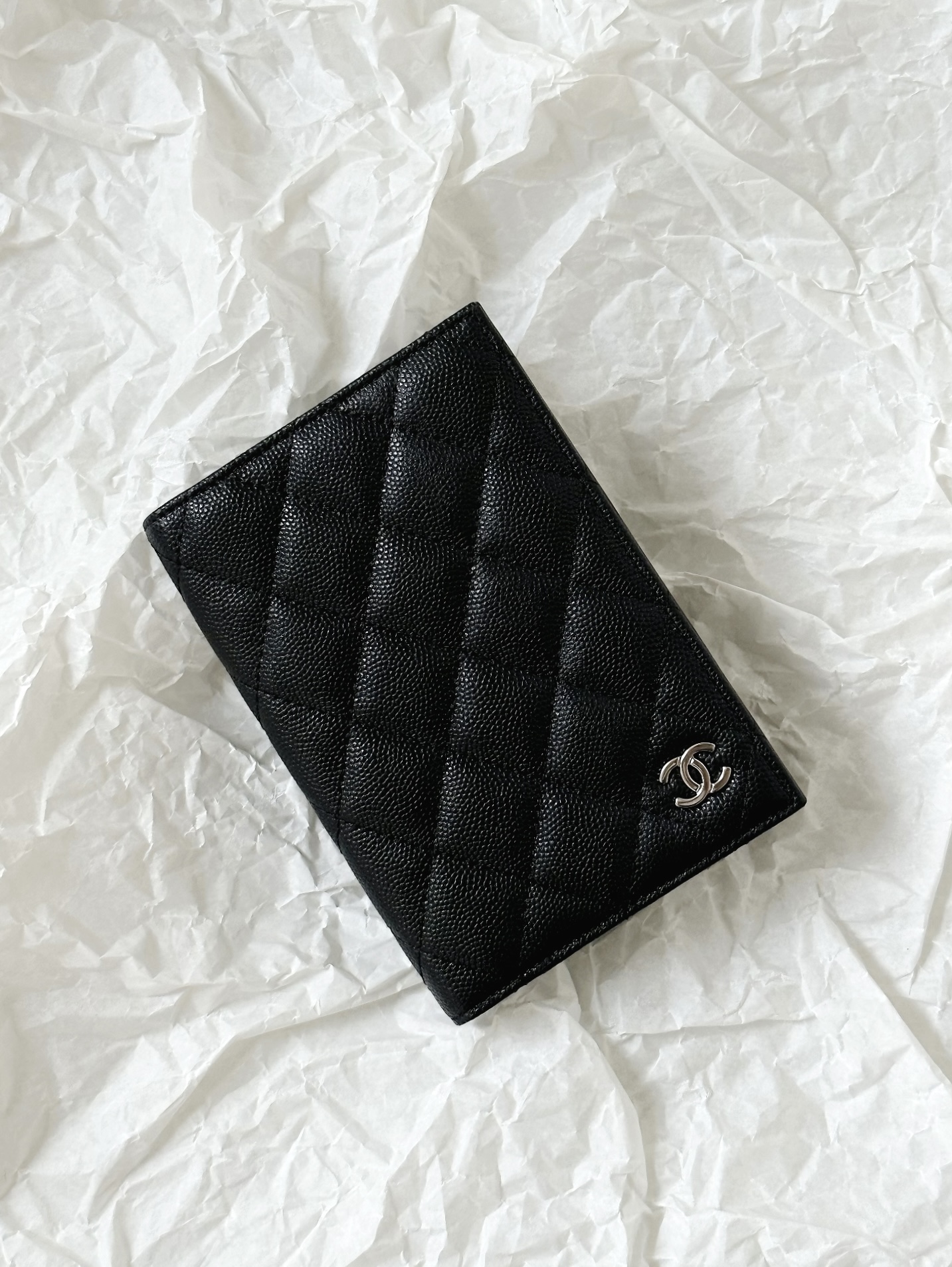 Classic Quilted Caviar Leather Passport Holder with Silver-Tone CC Logo